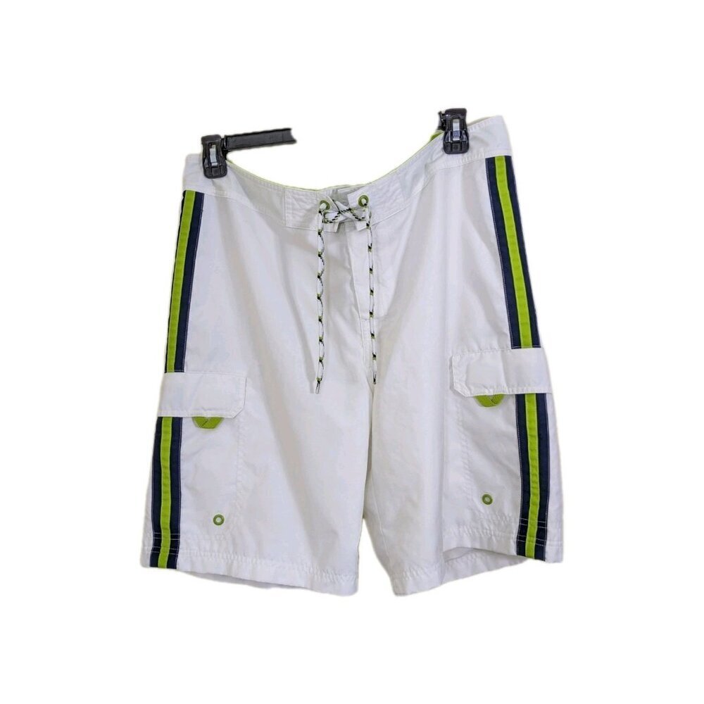 Vintage Old Navy Mens White Board Swim Shorts Size L Black Green Stripes Cargo